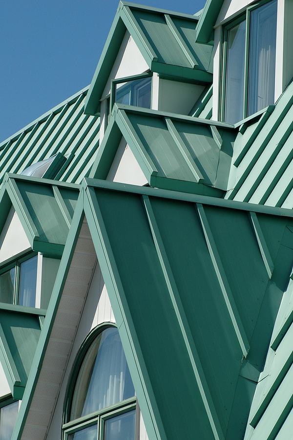 A close-up picture of green metal roofing.
