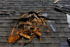 Broken wooden shingles and debris scattered on a shingle roof, indicating severe wear or storm damage.