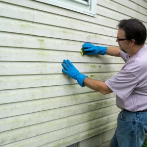 man scrubbing vinyl siding by hand